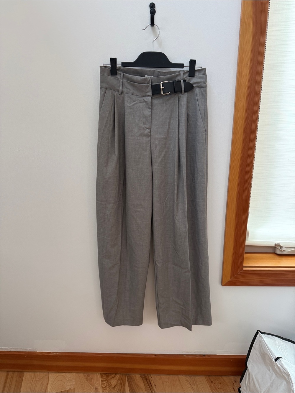 Pixie Market Gray High-Waist Pleated Trousers with Belt